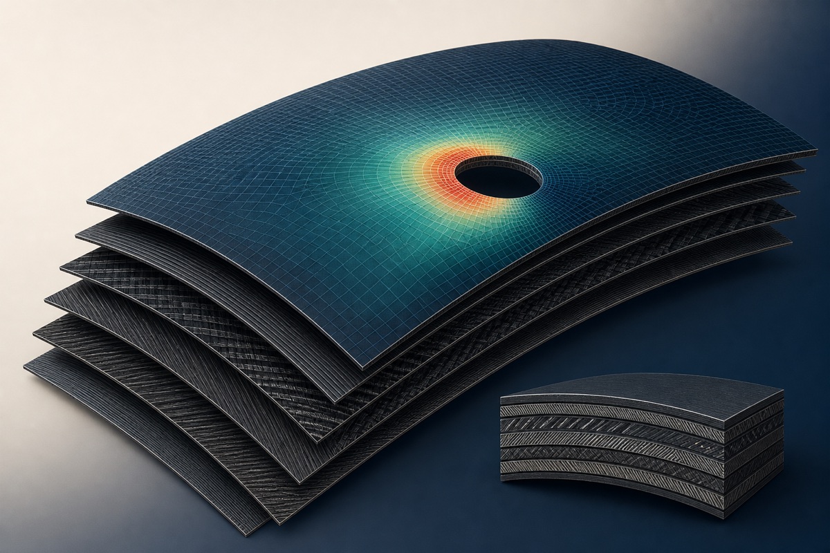 Generic exploded composite laminate with multiple ply orientations, finite-element mesh, and a localized stress concentration