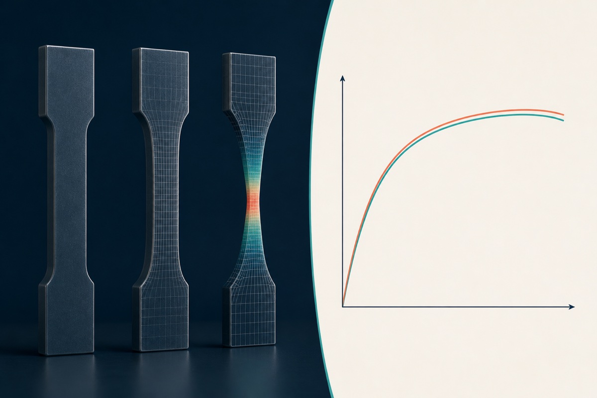 Generic tensile specimens with finite-element strain visualization and closely matched material-response curves